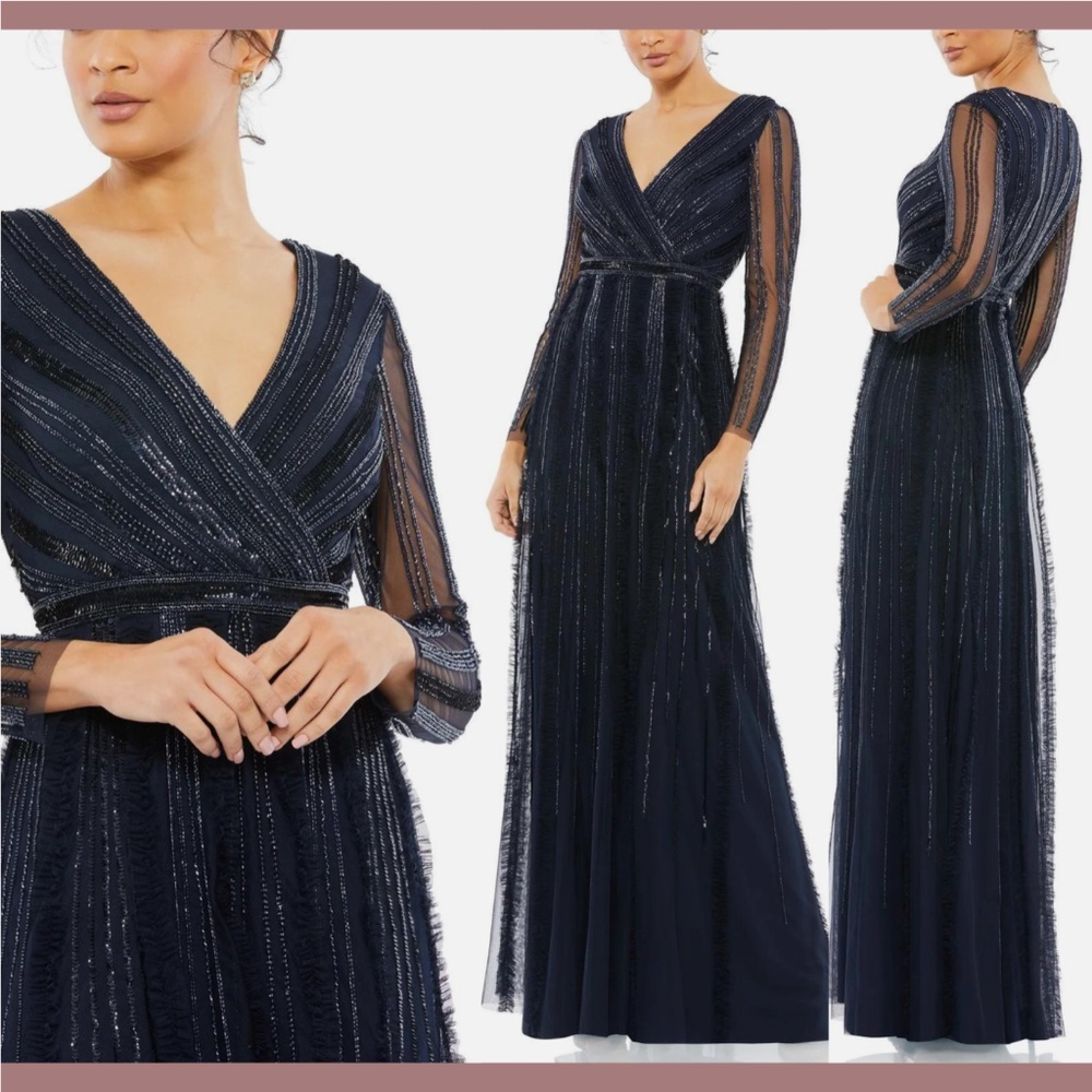 NWT Mac Duggal [ 14 ] Faux Wrap Illusion Long Sleeve Gown‎ Midnight Blue
